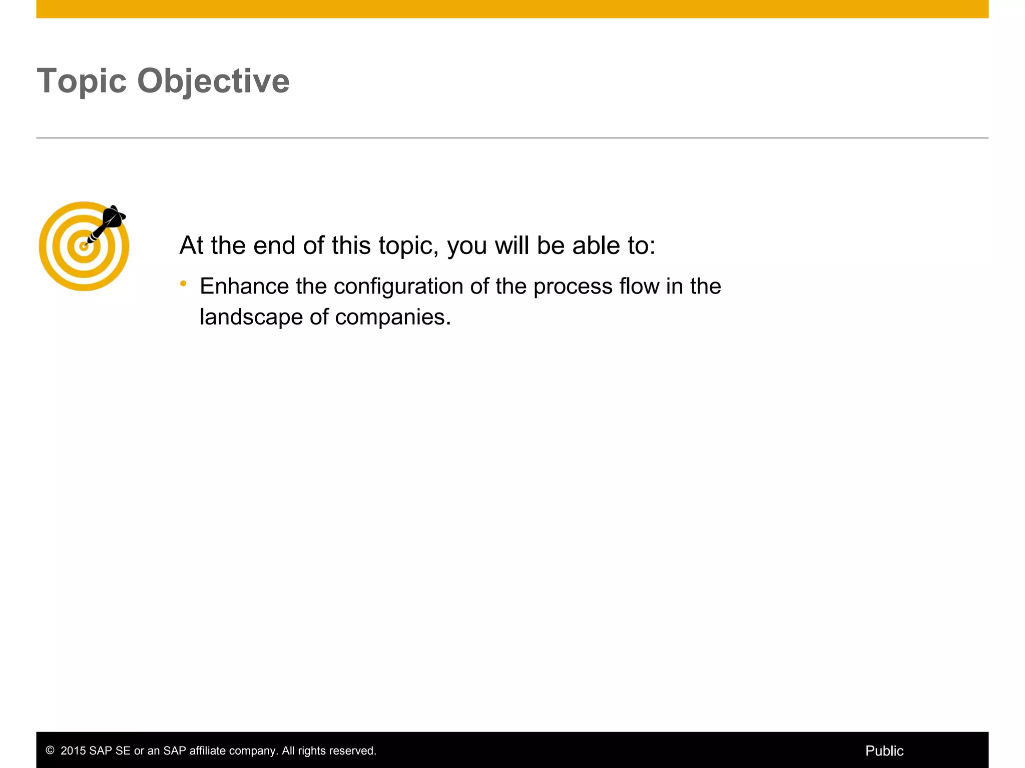 © 2015 SAP SE or an SAP affiliate company. All rights reserved. 2Public
Topic Objective
At the end of this topic, you will be able to:
 Enhance the configuration of the process flow in the
landscape of companies.
 