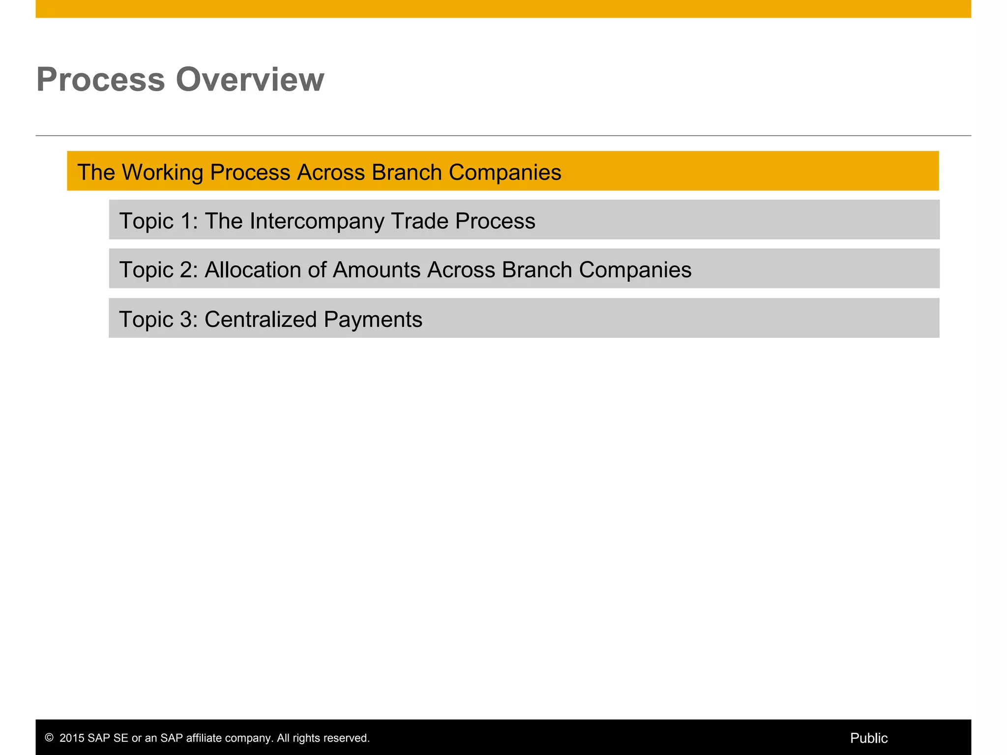 © 2015 SAP SE or an SAP affiliate company. All rights reserved. 2Public
Process Overview
The Working Process Across Branch Companies
Topic 1: The Intercompany Trade Process
Topic 2: Allocation of Amounts Across Branch Companies
Topic 3: Centralized Payments
 