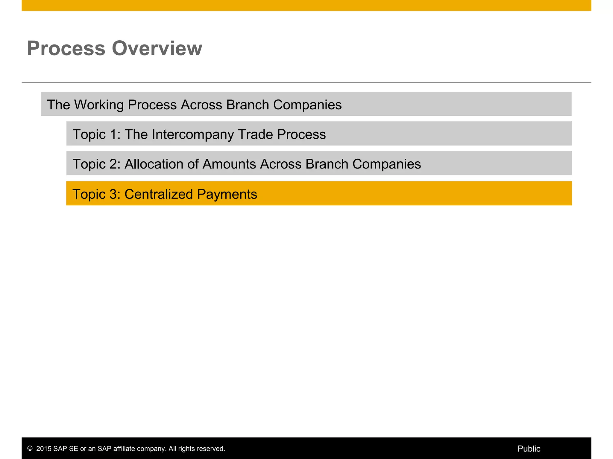 © 2015 SAP SE or an SAP affiliate company. All rights reserved. 40Public
Process Overview
The Working Process Across Branch Companies
Topic 1: The Intercompany Trade Process
Topic 2: Allocation of Amounts Across Branch Companies
Topic 3: Centralized Payments
 