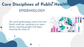 Core Disciplines of Public Health
EPIDEMIOLOGY
The word epidemiology comes from the
Greek words epi, meaning on or upon,
demos, meaning people, and logos,
meaning the study of.
 