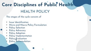 Core Disciplines of Public Health
HEALTH POLICY
The stages of the cycle consists of
• Issue Identification
• Micro and Macro Policy Formulation
• Policy Selection
• Policy Advocacy
• Policy Adoption
• Policy Implementation
• Policy Evaluation
• Policy Reformulation
 