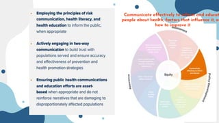 Communicate effectively to inform and educat
people about health, factors that influence it, an
how to improve it
 