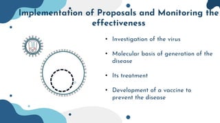 Implementation of Proposals and Monitoring the
effectiveness
• Investigation of the virus
• Molecular basis of generation of the
disease
• Its treatment
• Development of a vaccine to
prevent the disease
 