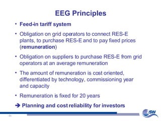 EEG Principles Feed-in tariff system Obligation on grid operators to connect RES-E plants, to purchase RES-E and to pay fixed prices ( remuneration ) Obligation on suppliers to purchase RES-E from grid operators at an average remuneration The amount of remuneration is cost oriented, differentiated by technology, commissioning year and capacity Remuneration is fixed for 20 years    Planning and cost reliability for investors 