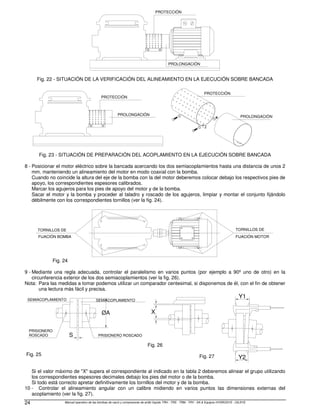 Manual operativo de las bombas de vacío y compresores de anillo líquido TRH - TRS - TRM - TRV - SA  Equipos HYDROSYS - OILSYS
24
PROTECCIÓN
PROLONGACIÓN
Fig. 22 - SITUACIÓN DE LA VERIFICACIÓN DEL ALINEAMIENTO EN LA EJECUCIÓN SOBRE BANCADA
PROTECCIÓN
PROLONGACIÓN
PROTECCIÓN
PROLONGACIÓN
Fig. 23 - SITUACIÓN DE PREPARACIÓN DEL ACOPLAMIENTO EN LA EJECUCIÓN SOBRE BANCADA
8 - Posicionar el motor eléctrico sobre la bancada acercando los dos semiacoplamientos hasta una distancia de unos 2
mm. manteniendo un alineamiento del motor en modo coaxial con la bomba.
Cuando no coincide la altura del eje de la bomba con la del motor deberemos colocar debajo los respectivos pies de
apoyo, los correspondientes espesores calibrados.
Marcar los agujeros para los pies de apoyo del motor y de la bomba.
Sacar el motor y la bomba y proceder al taladro y roscado de los agujeros, limpiar y montar el conjunto fijándolo
débilmente con los correspondientes tornillos (ver la fig. 24).
FIJACIÓN MOTOR
TORNILLOS DE
TORNILLOS DE
FIJACIÓN BOMBA
Fig. 24
9 - Mediante una regla adecuada, controlar el paralelismo en varios puntos (por ejemplo a 90º uno de otro) en la
circunferencia exterior de los dos semiacoplamientos (ver la fig. 26).
Nota: Para las medidas a tomar podemos utilizar un comparador centesimal, si disponemos de él, con el fin de obtener
una lectura más fácil y precisa.
PRISIONERO ROSCADO
SEMIACOPLAMIENTO
SEMIACOPLAMIENTO
S
ØA
PRISIONERO
ROSCADO
Fig. 25
X
Fig. 26
Fig. 27 Y2
Y1
Si el valor máximo de X supera el correspondiente al indicado en la tabla 2 deberemos alinear el grupo utilizando
los correspondientes espesores decimales debajo los pies del motor o de la bomba.
Si todo está correcto apretar definitivamente los tornillos del motor y de la bomba.
10 - Controlar el alineamiento angular con un calibre midiendo en varios puntos las dimensiones externas del
acoplamiento (ver la fig. 27).
 