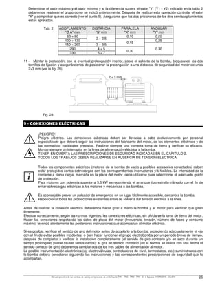 Manual operativo de las bombas de vacío y compresores de anillo líquido TRH - TRS - TRM - TRV - SA  Equipos HYDROSYS - OILSYS 25
Determinar el valor máximo y el valor mínimo y si la diferencia supera el valor Y (Y1 - Y2) indicado en la tabla 2
deberemos realinear el grupo como se indicó anteriormente. Después de realizar esta operación controlar el valor
X y comprobar que es correcto (ver el punto 9). Asegurarse que los dos prisioneros de los dos semiacoplamientos
están apretados.
Tab. 2 ACOPLAMIENTO
“Ø A” mm
DISTANCIA
“S” mm
PARALELA
X mm
ANGULAR
Y mm
60 ÷ 80
2 ÷ 2,5
0,10 0,20
100 ÷ 130
0,15
0,25
150 ÷ 260 3 ÷ 3,5
0,30
290 4 ÷ 5
0,30
330 5 ÷ 7
11 - Montar la protección, con la eventual prolongación interior, sobre el saliente de la bomba, bloqueando los dos
tornillos de fijación y asegurándonos de posicionar la prolongación a una distancia de seguridad del motor de unos
2÷3 mm (ver la fig. 28).
2 ÷ 3 mm
Fig. 28
9 - CONEXIONES ELÉCTRICAS
¡PELIGRO!
Peligro eléctrico. Las conexiones eléctricas deben ser llevadas a cabo exclusivamente por personal
especializado que deberá seguir las instrucciones del fabricante del motor, de los elementos eléctricos y de
las normativas nacionales previstas. Realizar siempre una correcta toma de tierra y verificar su eficacia.
Montar siempre un interruptor en la línea de alimentación eléctrica a la bomba.
TENER EN CUENTA LAS PRESCRIPCIONES DE SEGURIDAD INDICADAS EN EL CAPITULO 2.
TODOS LOS TRABAJOS DEBEN REALIZARSE EN AUSENCIA DE TENSION ELECTRICA.
i
Todos los componentes eléctricos (motores de la bomba de vacio y posibles accesorios conectados) deben
estar protegidos contra sobrecargas con los correspondientes interruptores y/ó fusibles. La intensidad de la
corriente a plena carga, marcada en la placa del motor, debe utilizarse para seleccionar el adecuado grado
de protección.
Para motores con potencia superior a 5,5 kW se recomienda el arranque tipo estrella-triángulo con el fin de
evitar sobrecargas eléctricas a los motores y mecánicas a las bombas.
Es aconsejable prever un pulsador de emergencia en un lugar fácilmente accesible, cercano a la bomba.
Reposicionar todas las protecciones existentes antes de volver a dar tensión eléctrica a la línea.
Antes de realizar la conexión eléctrica deberemos hacer girar a mano la bomba y el motor para verificar que giran
libremente.
Efectuar correctamente, según las normas vigentes, las conexiones eléctricas, sin olvidarse la toma de tierra del motor.
Hacer las conexiones respetando los datos de placa del motor (frecuencia, tensión, número de fases y consumo
máximo) leyendo atentamente las posteriores instrucciones que acompañan al motor eléctrico.
Si es posible, verificar el sentido de giro del motor antes de acoplarlo a la bomba, protegiendo adecuadamente el eje
con el fin de evitar posibles incidentes, o bien hacer funcionar el grupo electrobomba por un período breve de tiempo,
después de completar y verificar la instalación completamente (el sentido de giro contrario y/o en seco durante un
tiempo prolongado puede causar serios daños): si gira en sentido contrario (en la bomba se indica con una flecha el
sentido correcto de giro) deberemos cambiar dos de los tres cables de alimentación al motor.
La posible instrumentación electrónica (ej: electroválvulas, controladores de nivel, termostatos, etc.) suministrados con
la bomba deberá conectarse siguiendo las instrucciones y las correspondientes prescripciones de seguridad que la
acompañan.
 