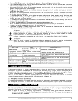 Manual operativo de las bombas de vacío y compresores de anillo líquido TRH - TRS - TRM - TRV - SA & Equipos HYDROSYS - OILSYS 5
- No meter NUNCA las manos o los dedos en los agujeros o aberturas del grupo electrobomba.
- Las conexiones eléctricas del motor de la bomba las debe realizar SIEMPRE personal especializado, calificado y
autorizado siguiendo las normas vigentes.
- Desmontar SIEMPRE la bomba de la instalación y sacar la tensión de la línea de alimentación, cuando se deba
efectuar cualquier intervención sobre la bomba.
- Asegurarse de haber adoptado las medidas necesarias para prevenir un eventual arranque por conexión
involuntaria de la tensión.
- Asegurarse del correcto aislamiento de los componentes y de haber realizado la conexión a la toma de tierra antes
de conectar la tensión eléctrica.
- La bomba debe estar SIEMPRE parada antes de tocarse por cualquier motivo. Esperar a que la bomba esté
completamente parada y comprobar que todos los elementos de cierre de la instalación estén en la posición
correcta para evitar un retorno de fluido.
- La bomba y las tuberías donde se conectará, no deben tener NUNCA presión cuando se tenga que efectuar
cualquier intervención sobre esta.
- La bomba no debe estar NUNCA caliente cuando debamos intervenir sobre ella.
- Poner SIEMPRE especial atención al manipular una bomba que haya transportado gas tóxico o ácido.
- No apoyarse NUNCA sobre la bomba o sobre las tuberías de unión.
- Comprobar SIEMPRE la correcta fijación de la bomba y de su estabilidad en todas las fases de la vida de la
máquina (manipulación, instalación, etc.)
¡PELIGRO!
Posible contacto con materiales ó substancias peligrosas. En la bomba se encuentran componentes que
pueden representar un peligro a las personas expuestas al contacto incluso durante el normal
funcionamiento ó en las operaciones de mantenimiento, ver la tab. 1.
Proceder a su posible limpieza según las leyes vigentes y con una correcta gestión medio ambiental..
¡ATENCION!
Peligro por humos ó vapores. En el caso que notásemos la presencia de humos ó vapores, nos deberemos
apartar de la bomba, evitar la inhalación, parar la bomba y proceder al control de la misma.
Tab. 1
MATERIAL USO PELIGROS MAYORES
Aceite y Grasa
Lubricación genérica de los
rodamientos
Irritación en la piel y los ojos
Componentes plásticos
y elastómeros
Tóricas, retenes, anillos rompe-
aguas
Riesgo de humo en caso de calentamiento
Fibra aramídica Anillos empaquetadura
Emisión de polvo nocivo, riesgo de humo en caso de
calentamiento
Barniz Superficie exterior de la bomba
Riesgo de polvo y humo en caso de mecanización,
inflamable
Selladores Anaeróbicos
Junta de cierre para superficies
planas
Irritación de la piel, ojos y vías respiratorias
Líquido protector Superficies internas de la bomba Irritación de la piel y ojos.
3 - EN CASO DE EMERGENCIA
Si la bomba funciona mal y/o pierde el gas transportado o el líquido de servicio, quitar inmediatamente la tensión de
alimentación siguiendo el procedimiento de reparación (ver el capitulo 11) y avisar al personal responsable de la
instalación que debe intervenir con al menos dos personas y que operará con la debida atención que requiera el caso:
la bomba puede transportar gases peligrosos y/o dañinos para la salud de las personas y del ambiente.
Una vez resueltos todos los problemas que ha producido la emergencia, deberemos efectuar todos los controles
necesarios para la puesta en marcha del grupo electrobomba (ver el capitulo 10).
3.1 - PRIMEROS AUXILIOS GENÉRICOS
Si a pesar de las precauciones previstas, algún tipo de sustancia peligrosa ha sido aspirada o ha entrado en contacto
con el cuerpo de una persona, se deberá llevar inmediatamente al médico específico según el tipo de lesión producida.
4 - CARACTERÍSTICAS DE LAS BOMBAS
Las instrucciones indicadas en el presente manual se refiere a las bombas de vacío y compresores de anillo líquido
descritas a continuación y a los sistemas HYDROSYS y OILSYS que las utilizan.
Nota: El caudal, el vacío y las presiones son indicativas y corresponden a los valores máximos obtenidos en
condiciones normales de utilización. Para las prestaciones de las bombas serie TR... usadas como compresores
contactar con POMPETRAVAINI.
 