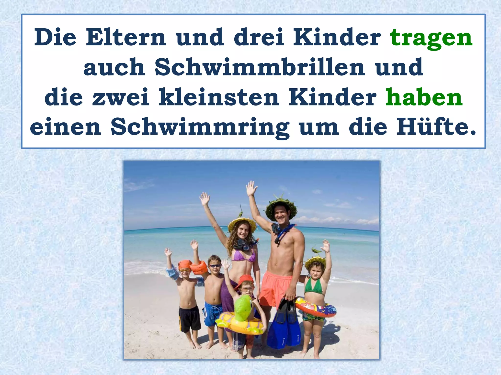 Auf beiden Fotos sieht man
Menschen, die Spass haben.
Die Kinder geniessen das Lesen
in der Bibliothek und die Familie
geniesst den Urlaub am Meer.
 