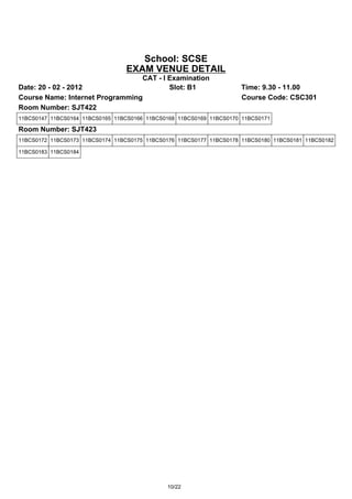 School: SCSE
                                 EXAM VENUE DETAIL
                                 CAT - I Examination
Date: 20 - 02 - 2012                     Slot: B1                    Time: 9.30 - 11.00
Course Name: Internet Programming                                    Course Code: CSC301
Room Number: SJT422
11BCS0147 11BCS0164 11BCS0165 11BCS0166 11BCS0168 11BCS0169 11BCS0170 11BCS0171

Room Number: SJT423
11BCS0172 11BCS0173 11BCS0174 11BCS0175 11BCS0176 11BCS0177 11BCS0178 11BCS0180 11BCS0181 11BCS0182

11BCS0183 11BCS0184




                                              10/22
 