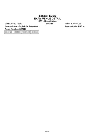 School: SCSE
                                  EXAM VENUE DETAIL
                                  CAT - I Examination
Date: 20 - 02 - 2012                      Slot: B1      Time: 9.30 - 11.00
Course Name: English for Engineers I                    Course Code: ENG101
Room Number: SJT424
08BCE129   10BCE0316 10BCE0099 11BCE0440




                                           16/22
 