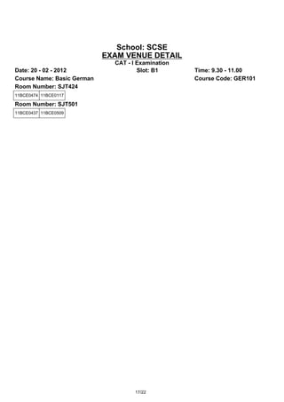 School: SCSE
                            EXAM VENUE DETAIL
                              CAT - I Examination
Date: 20 - 02 - 2012                  Slot: B1      Time: 9.30 - 11.00
Course Name: Basic German                           Course Code: GER101
Room Number: SJT424
11BCE0474 11BCE0117

Room Number: SJT501
11BCE0437 11BCE0509




                                     17/22
 