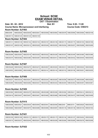 School: SCSE
                                  EXAM VENUE DETAIL
                                  CAT - I Examination
Date: 20 - 02 - 2012                      Slot: B1                     Time: 9.30 - 11.00
Course Name: Microprocessor and Interfacing                            Course Code: CSE213
Room Number: SJT403
09BCE495   10BCE0029 10BCE0039 10BCE0041 10BCE0058 10BCE0064 10BCE0078 10BCE0090 10BCE0094 10BCE0108

10BCE0114 10BCE0120 10BCE0124 10BCE0129

Room Number: SJT404
10BCE0131 10BCE0139 10BCE0142 10BCE0144 10BCE0167 10BCE0169 10BCE0174 10BCE0175 10BCE0183 10BCE0186

10BCE0187 10BCE0196 10BCE0210 10BCE0226 10BCE0246 10BCE0250 10BCE0254 10BCE0257 10BCE0268 10BCE0289



Room Number: SJT405
10BCE0294 10BCE0297 10BCE0318 10BCE0320 10BCE0322 10BCE0326 10BCE0337 10BCE0349 10BCE0365 10BCE0366

10BCE0374 10BCE0382 10BCE0385 10BCE0387 10BCE0389 10BCE0413 10BCE0426 10BCE0432 10BCE0445 10BCE0446



Room Number: SJT407
10BCE0449 10BCE0452 10BCE0470 10BCE0472 10BCE0507 10BCE0529 10BCE0013 10BCE0019 10BCE0022 10BCE0048

10BCE0053 10BCE0065 10BCE0088 10BCE0121 10BCE0141 10BCE0145 10BCE0153 10BCE0156 10BCE0201 10BCE0205



Room Number: SJT408
10BCE0227 10BCE0234 10BCE0241 10BCE0243 10BCE0244 10BCE0255 10BCE0256 10BCE0273 10BCE0280 10BCE0283

10BCE0284 10BCE0290 10BCE0292 10BCE0321 10BCE0332 10BCE0333 10BCE0344 10BCE0353 10BCE0357 10BCE0361



Room Number: SJT409
10BCE0364 10BCE0369 10BCE0370 10BCE0383 10BCE0388 10BCE0390 10BCE0392 10BCE0411 10BCE0412 10BCE0414

10BCE0416 10BCE0427 10BCE0457 10BCE0461 10BCE0465 10BCE0468 10BCE0469 10BCE0475 10BCE0498 10BCE0499



Room Number: SJT415
10BCE0508 10BCE0521 10BCE0534 10BCE0540 10BCE0541 10BCE0548 09BCE491   09BCE519   10BCE0025 10BCE0035

10BCE0060 10BCE0067 10BCE0075 10BCE0080 10BCE0085 10BCE0097 10BCE0135 10BCE0136 10BCE0155 10BCE0164



Room Number: SJT421
10BCE0165 10BCE0168 10BCE0172 10BCE0173 10BCE0176 10BCE0179 10BCE0194 10BCE0197 10BCE0202 10BCE0208

10BCE0215 10BCE0237 10BCE0249 10BCE0251 10BCE0252 10BCE0258 10BCE0264 10BCE0269 10BCE0279 10BCE0296



Room Number: SJT422


                                                5/22
 