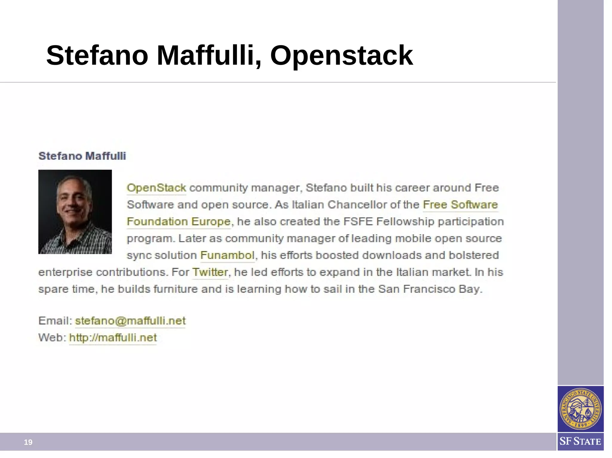 19
Stefano Maffulli, Openstack
 
