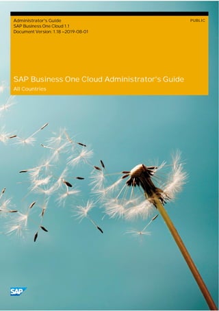 Administrator's Guide
SAP Business One Cloud 1.1
Document Version: 1.18 –2019-08-01
PUBLIC
SAP Business One Cloud Administrator's Guide
All Countries
 