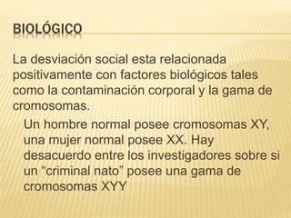 BIOLÓGICO 
La desviación social esta relacionada 
positivamente con factores biológicos tales 
como la contaminación corporal y la gama de 
cromosomas. 
Un hombre normal posee cromosomas XY, 
una mujer normal posee XX. Hay 
desacuerdo entre los investigadores sobre si 
un “criminal nato” posee una gama de 
cromosomas XYY 
 