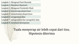 Tuala menyerap air lebih cepat dari tisu.
Hipotesis diterima
Langkah 1: Mengenal Pasti Masalah
Langkah 2: Membina Hipotesis
Langkah 3: Mengawal Pemboleh Ubah
Langkah 4: merancang eksperimen
Langkah 5: menjalankan eksperimen
Langkah 6: mengumpul data
Langkah 7: menganalisis dan mengtafsir data
Langkah 8: membuat kesimpulan
 