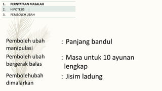 Pemboleh ubah
manipulasi
: Panjang bandul
Pemboleh ubah
bergerak balas
: Masa untuk 10 ayunan
lengkap
Pembolehubah
dimalarkan
: Jisim ladung
1. PERNYATAAN MASALAH
2. HIPOTESIS
3. PEMBOLEH UBAH
 