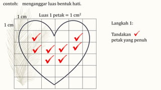 1 cm
1 cm Luas 1 petak = 1 cm2
Langkah 1:
Tandakan
petak yang penuh
contoh: menganggar luas bentuk hati.
 