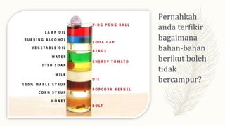 Pernahkah
anda terfikir
bagaimana
bahan-bahan
berikut boleh
tidak
bercampur?
 