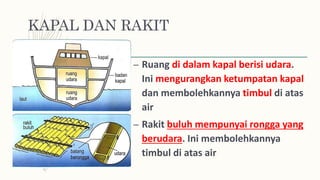 KAPAL DAN RAKIT
– Ruang di dalam kapal berisi udara.
Ini mengurangkan ketumpatan kapal
dan membolehkannya timbul di atas
air
– Rakit buluh mempunyai rongga yang
berudara. Ini membolehkannya
timbul di atas air
 