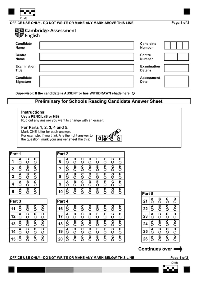 B1 preliminary for schools reading sample answer sheet PDF
