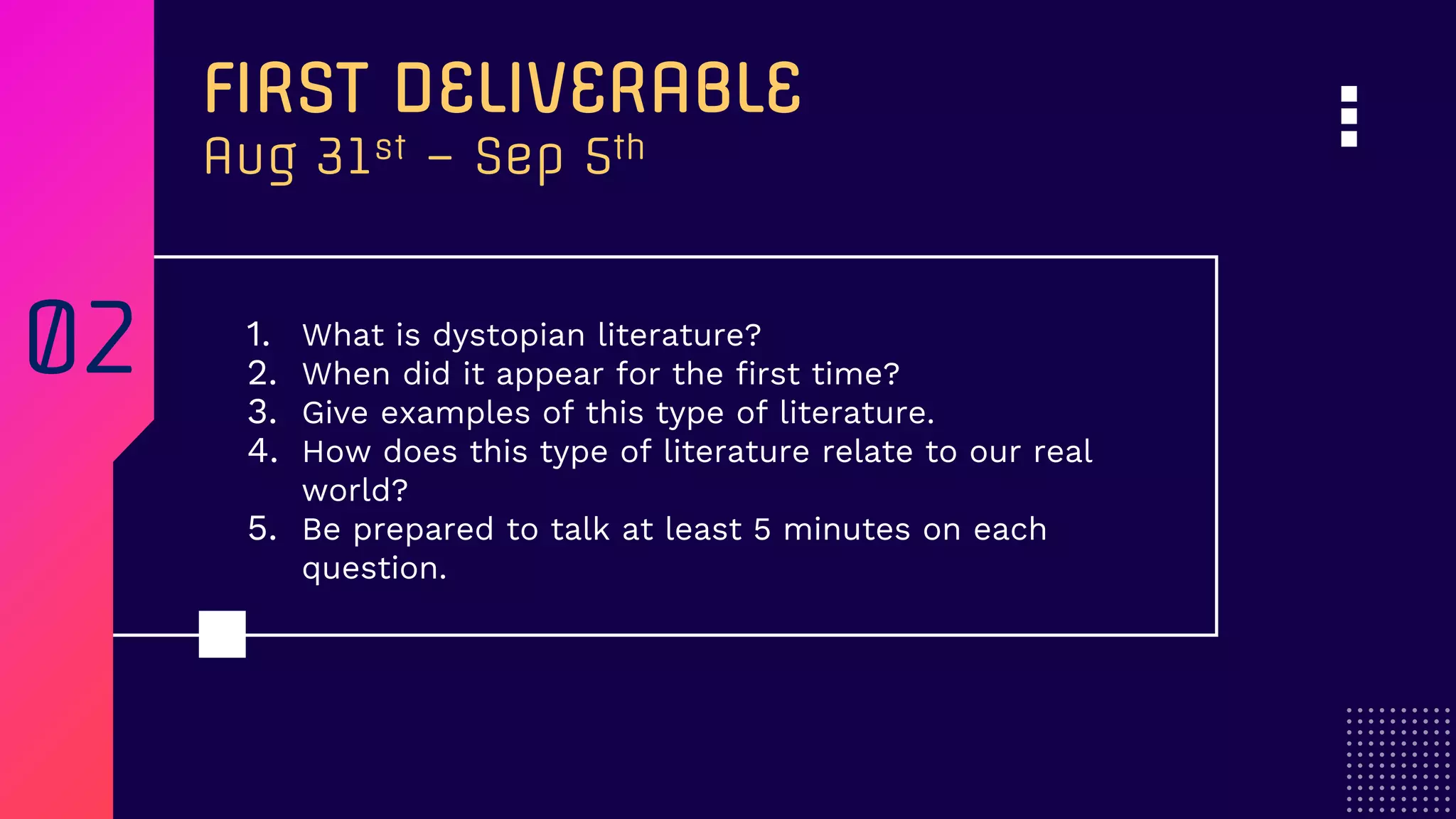 FIRST DELIVERABLE
Aug 31st – Sep 5th
1. What is dystopian literature?
2. When did it appear for the first time?
3. Give examples of this type of literature.
4. How does this type of literature relate to our real
world?
5. Be prepared to talk at least 5 minutes on each
question.
02
 