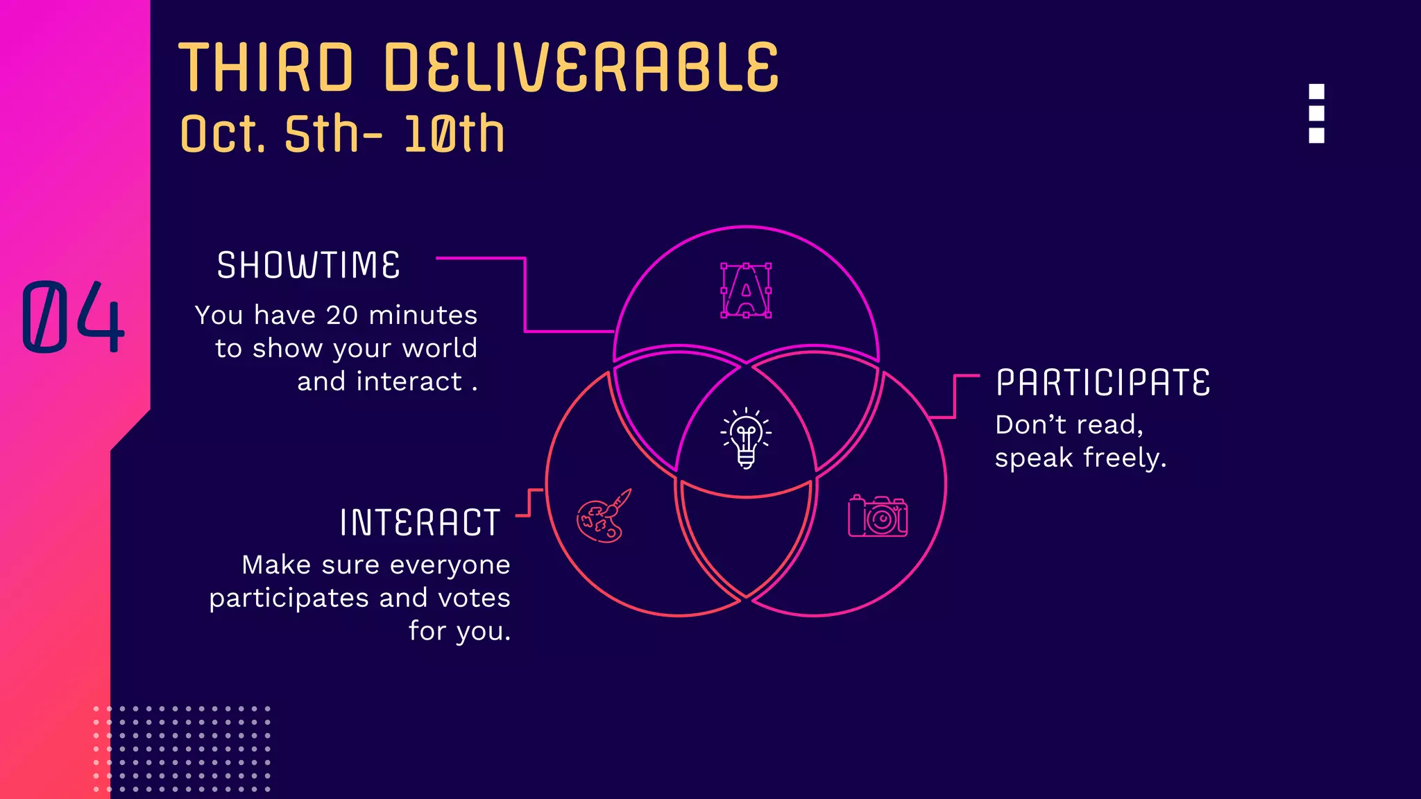You have 20 minutes
to show your world
and interact .
SHOWTIME
Make sure everyone
participates and votes
for you.
INTERACT
Don’t read,
speak freely.
PARTICIPATE
THIRD DELIVERABLE
Oct. 5th- 10th
04
 