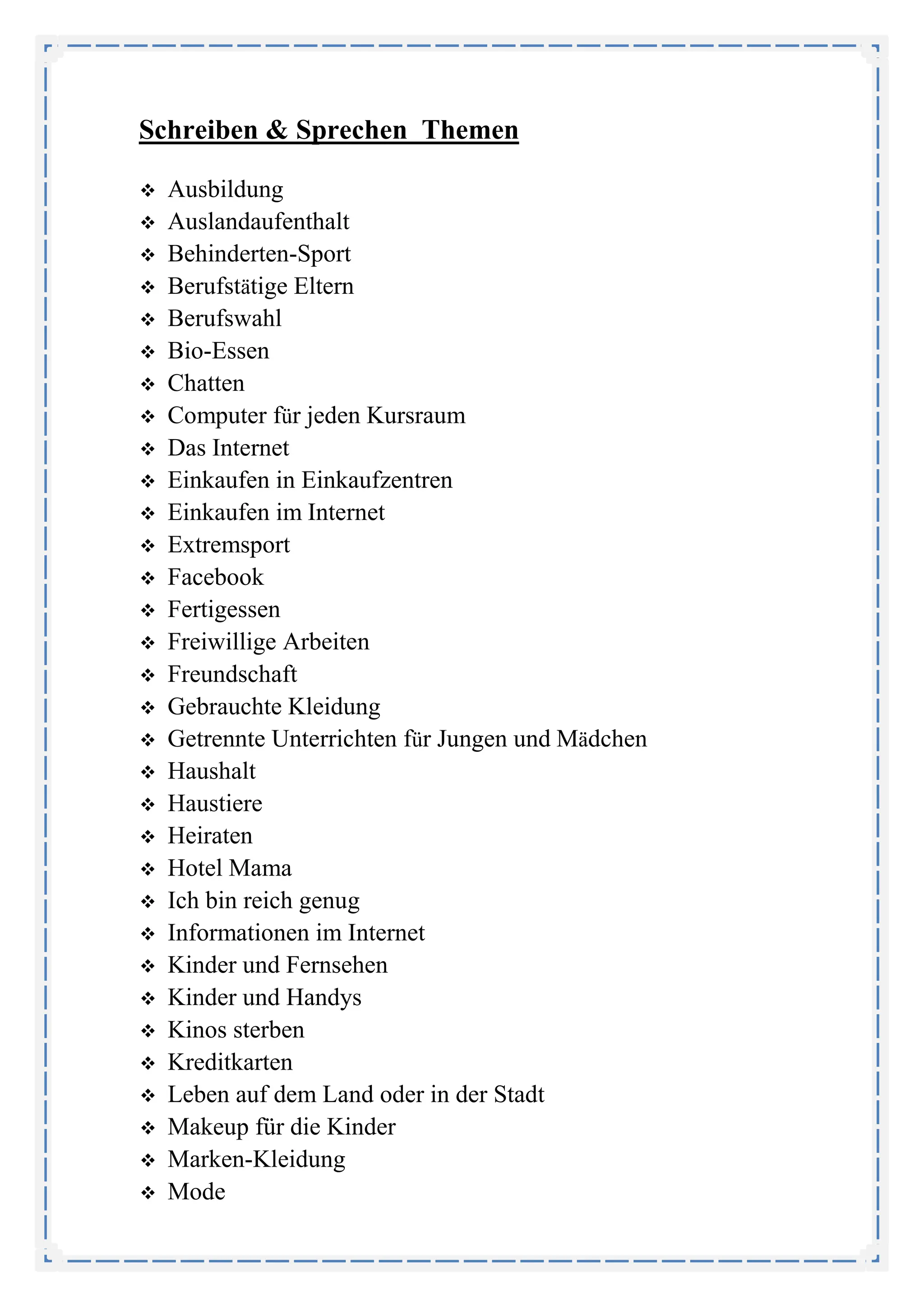 Schreiben B1 Themen Pdf B1 Themen B1 Schreiben und Sprechen Themen | PDF