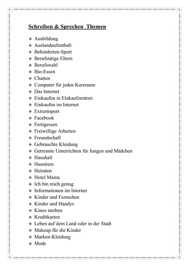 B1 Sprechen Teil 2 Themen Pdf B1 Themen B1 Schreiben und Sprechen Themen | PDF