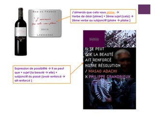 J’aimerais que cela vous plaise. 
Verbe de désir (aimer) + 2ème sujet (cela) 
2ème verbe au subjonctif (plaire  plaise.)
Expression de possibilité  Il se peut
que + sujet (la beauté  elle) +
subjonctif du passé (avoir renforcé 
ait renforcé )
 