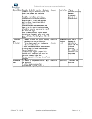 Certificación de tutores de docentes de idiomas

  Consolidation Have the Ss do this exercise individually -plenary     -worksheet -T give
                and then compare their answers in pairs.                          exercises and 400
                Check the answer with the class                                   express
                                                                                  answers in
                Read the instructions to the class.                               pairs to do a
                Ask Ss to read the model sentence.                                coevaluation.
                Ask Ss to work in pairs and tell their
                partner about the actions and their
                consequences.
                Ask Ss to look at the examples in the
                Watch out! Box, remind them that they
                should not forget to use going to, even f
                the main verb is go.
                Give Ss a few minutes to think about
                some things they were going to do in the
                past but he didn´t and why they didn´t do
                them.
  Conclusion    T. Put the students into groups of three -individual   worksheet 3 Get the Ss´s 200
  and               or four to discuss the questions.                  student     ideas and
  Evaluation        When the groups finish, elicit some   -plenary     book        correct any
                    ideas from the class.                                          errors with the
                T listen to some ideas from the class and                          grammar
                correct any errors in the use of should                            structure.
                have/ shouldn´t have.                                              Do a feedback
                Ask Ss to work in pairs and tell their                             about the used
                partner about the things they didn’t do,                           structures.
                using the phrases in the box.
                Correct any errors in the use of was/were
                going to
  Homework      -T. asks S. to complete WORKBOOK p- -individual        -workbook    Feedback the
  task          64, section 2.                                                     structure.
                T ask Ss to do exercises from
                WORKBOOK page 66,section 5.




EUROCSYS © 2013                     Rosa Margarita Mijangos Santiago                    Página 5 de 7
 