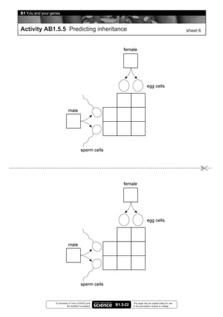 B1 You and your genes



Activity AB1.5.5 Predicting inheritance                                                                   sheet 6




                  © University of York (UYSEG) and               This page may be copied solely for use
                             the Nuffield Foundation   B1.5-22   in the purchaser’s school or college
 