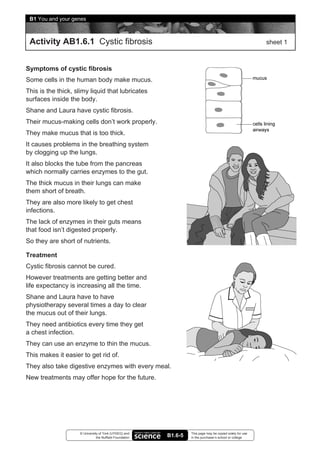 B1 You and your genes



 Activity AB1.6.1 Cystic fibrosis                                                                          sheet 1



Symptoms of cystic fibrosis
Some cells in the human body make mucus.
This is the thick, slimy liquid that lubricates
surfaces inside the body.
Shane and Laura have cystic fibrosis.
Their mucus-making cells don’t work properly.
They make mucus that is too thick.
It causes problems in the breathing system
by clogging up the lungs.
It also blocks the tube from the pancreas
which normally carries enzymes to the gut.
The thick mucus in their lungs can make
them short of breath.
They are also more likely to get chest
infections.
The lack of enzymes in their guts means
that food isn’t digested properly.
So they are short of nutrients.

Treatment
Cystic fibrosis cannot be cured.
However treatments are getting better and
life expectancy is increasing all the time.
Shane and Laura have to have
physiotherapy several times a day to clear
the mucus out of their lungs.
They need antibiotics every time they get
a chest infection.
They can use an enzyme to thin the mucus.
This makes it easier to get rid of.
They also take digestive enzymes with every meal.
New treatments may offer hope for the future.




                    © University of York (UYSEG) and              This page may be copied solely for use
                               the Nuffield Foundation   B1.6-5   in the purchaser’s school or college
 