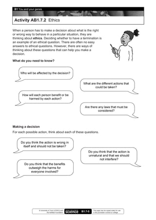 B1 You and your genes



 Activity AB1.7.2 Ethics

When a person has to make a decision about what is the right
or wrong way to behave in a particular situation, they are
thinking about ethics. Deciding whether to have a termination is
an example of an ethical question. There are often no easy
answers to ethical questions. However, there are ways of
thinking about these questions that can help you make a
decision.

What do you need to know?




Making a decision
For each possible action, think about each of these questions.




                   © University of York (UYSEG) and              This page may be copied solely for use
                              the Nuffield Foundation   B1.7-5   in the purchaser’s school or college
 