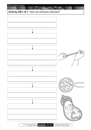 B1 You and your genes



Activity AB1.10.1 How are embryos selected?




                  © University of York (UYSEG) and               This page may be copied solely for use
                             the Nuffield Foundation   B1.10-4   in the purchaser’s school or college
 