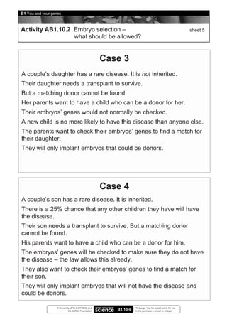 B1 You and your genes



Activity AB1.10.2 Embryo selection –                                                                         sheet 5
                  what should be allowed?


                                                       Case 3
A couple’s daughter has a rare disease. It is not inherited.
Their daughter needs a transplant to survive.
But a matching donor cannot be found.
Her parents want to have a child who can be a donor for her.
Their embryos’ genes would not normally be checked.
A new child is no more likely to have this disease than anyone else.
The parents want to check their embryos’ genes to find a match for
their daughter.
They will only implant embryos that could be donors.




                                                       Case 4
A couple’s son has a rare disease. It is inherited.
There is a 25% chance that any other children they have will have
the disease.
Their son needs a transplant to survive. But a matching donor
cannot be found.
His parents want to have a child who can be a donor for him.
The embryos’ genes will be checked to make sure they do not have
the disease – the law allows this already.
They also want to check their embryos’ genes to find a match for
their son.
They will only implant embryos that will not have the disease and
could be donors.

                  © University of York (UYSEG) and                  This page may be copied solely for use
                             the Nuffield Foundation      B1.10-9   in the purchaser’s school or college
 