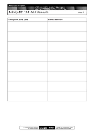 B1 You and your genes



Activity AB1.12.1 Adult stem cells                                                                        sheet 2


Embryonic stem cells                                   Adult stem cells




                  © University of York (UYSEG) and               This page may be copied solely for use
                             the Nuffield Foundation   B1.12-6   in the purchaser’s school or college
 
