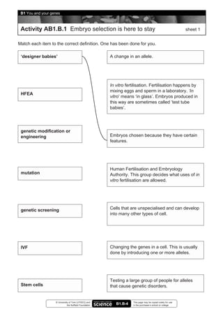 B1 You and your genes



 Activity AB1.B.1 Embryo selection is here to stay                                                           sheet 1


Match each item to the correct definition. One has been done for you.

 ‘designer babies’                                      A change in an allele.




                                                        In vitro fertilisation. Fertilisation happens by
                                                        mixing eggs and sperm in a laboratory. ‘In
 HFEA
                                                        vitro’ means ‘in glass’. Embryos produced in
                                                        this way are sometimes called ‘test tube
                                                        babies’.




 genetic modification or
 engineering                                            Embryos chosen because they have certain
                                                        features.




                                                        Human Fertilisation and Embryology
 mutation                                               Authority. This group decides what uses of in
                                                        vitro fertilisation are allowed.




 genetic screening                                      Cells that are unspecialised and can develop
                                                        into many other types of cell.




 IVF                                                    Changing the genes in a cell. This is usually
                                                        done by introducing one or more alleles.




                                                        Testing a large group of people for alleles
 Stem cells                                             that cause genetic disorders.


                   © University of York (UYSEG) and                 This page may be copied solely for use
                              the Nuffield Foundation      B1.B-4   in the purchaser’s school or college
 