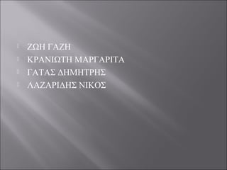 




ΖΩΗ ΓΑΖΗ
ΚΡΑΝΙΩΤΗ ΜΑΡΓΑΡΙΤΑ
ΓΑΤΑΣ ΔΗΜΗΤΡΗΣ
ΛΑΖΑΡΙΔΗΣ ΝΙΚΟΣ

 