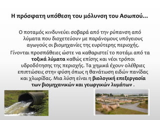 Η πρόσφατη υπόθεση του μόλυνση του Ασωπού… 
Ο ποταμός κινδυνεύει σοβαρά από την ρύπανση από λύματα που διοχετεύουν με παράνομους υπόγειους αγωγούς οι βιομηχανίες της ευρύτερης περιοχής. 
Γίνονται προσπάθειες ώστε να καθαριστεί το ποτάμι από τα τοξικά λύματακαθώς επίσης και νέοι τρόποι υδροδότησης της περιοχής. Τα χημικά έχουν ολέθριες επιπτώσεις στην φύση όπως η θανάτωση ειδών πανίδας και χλωρίδας. Μια λύση είναι η βιολογική επεξεργασία των βιομηχανικών και γεωργικών λυμάτων.  