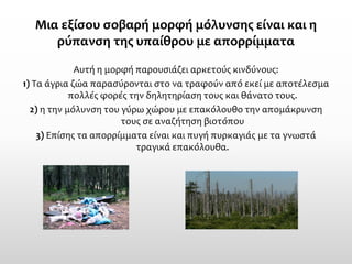 Μια εξίσου σοβαρή μορφή μόλυνσης είναι και η ρύπανση της υπαίθρου με απορρίμματα 
Αυτή η μορφή παρουσιάζει αρκετούς κινδύνους: 
1) Τα άγρια ζώα παρασύρονται στο να τραφούν από εκεί με αποτέλεσμα πολλές φορές την δηλητηρίαση τους και θάνατο τους. 
2)η την μόλυνση του γύρω χώρου με επακόλουθο την απομάκρυνση τους σε αναζήτηση βιοτόπου 
3) Επίσης τα απορρίμματα είναι και πυγή πυρκαγιάς με τα γνωστά τραγικά επακόλουθα.  