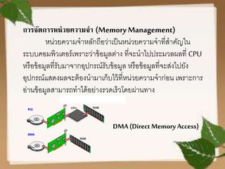 การจัดการหน่วยความจา (MemoryManagement)
หน่วยความจาหลักถือว่าเป็นหน่วยความจาที่สาคัญใน
ระบบคอมพิวเตอร์เพราะว่าข้อมูลต่าง ที่จะนาไปประมวลผลที่ CPU
หรือข้อมูลที่รับมาจากอุปกรณ์รับข้อมูล หรือข้อมูลที่จะส่งไปยัง
อุปกรณ์แสดงผลจะต้องนามาเก็บไว้ที่หน่วยความจาก่อน เพราะการ
อ่านข้อมูลสามารถทาได้อย่างรวดเร็วโดยผ่านทาง
DMA (Direct Memory Access)
 