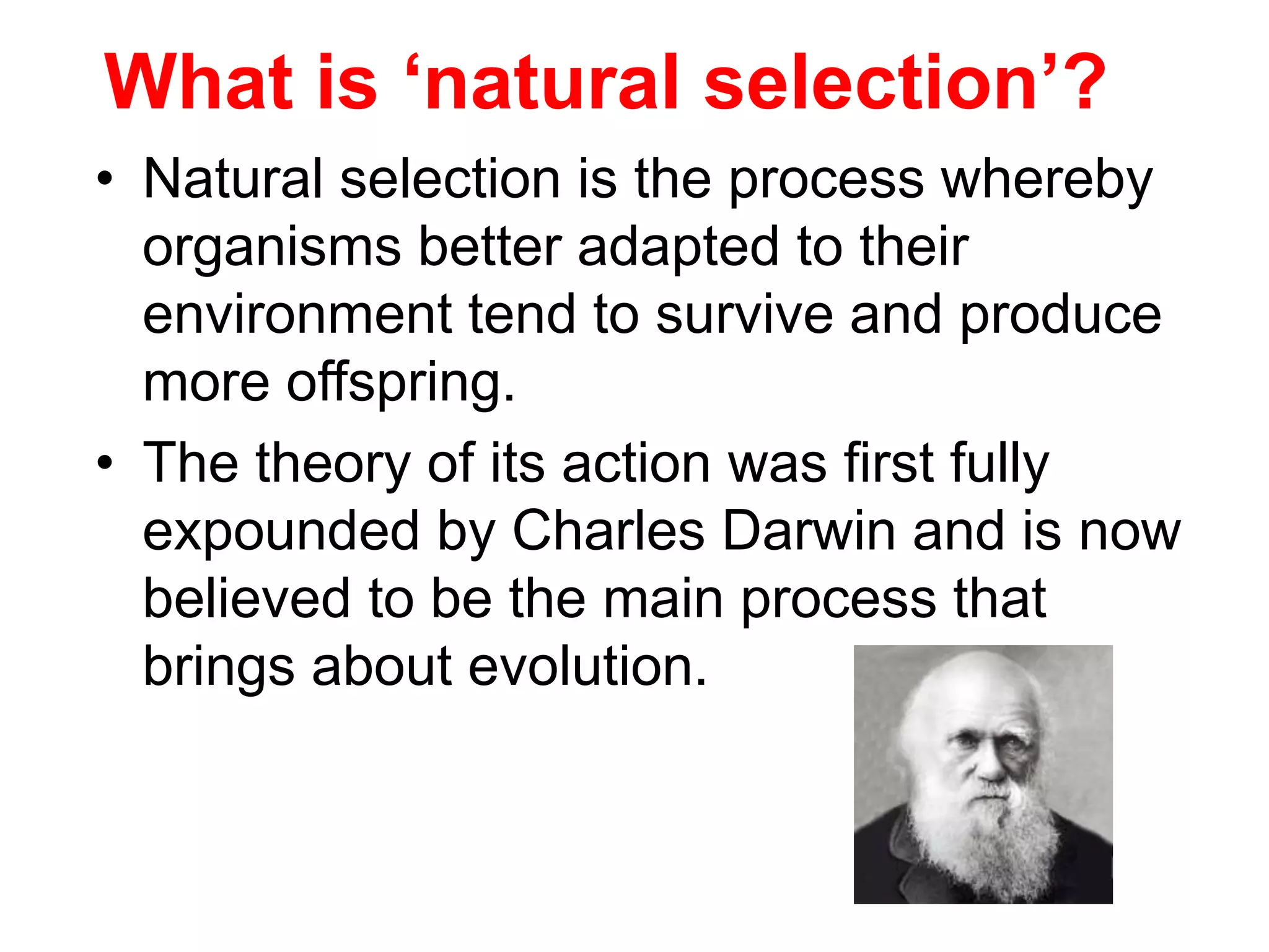 What is ‘natural selection’?
• Natural selection is the process whereby
organisms better adapted to their
environment tend to survive and produce
more offspring.
• The theory of its action was first fully
expounded by Charles Darwin and is now
believed to be the main process that
brings about evolution.
 