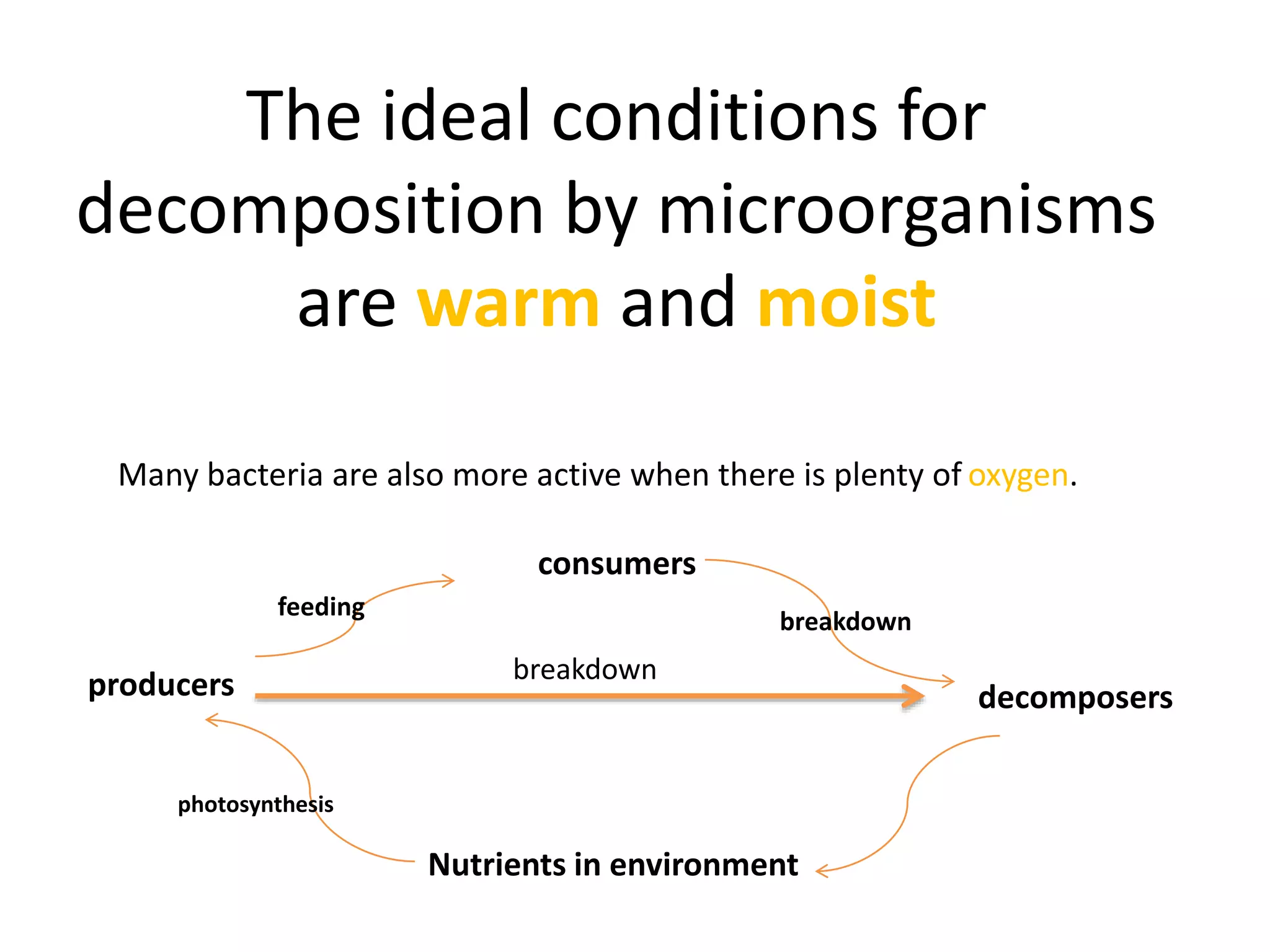 The ideal conditions for
decomposition by microorganisms
are warm and moist
Many bacteria are also more active when there is plenty of oxygen.
Nutrients in environment
producers decomposers
consumers
breakdown
photosynthesis
feeding
breakdown
 