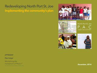 Redeveloping North Port St.Joe
implementingthecommunity’splan
APPENDIX
Next steps
Maintaining the
momentum of Phase 1 December, 2016
 
North Port St. Joe
P. A . Cproject area committee
9 4
 