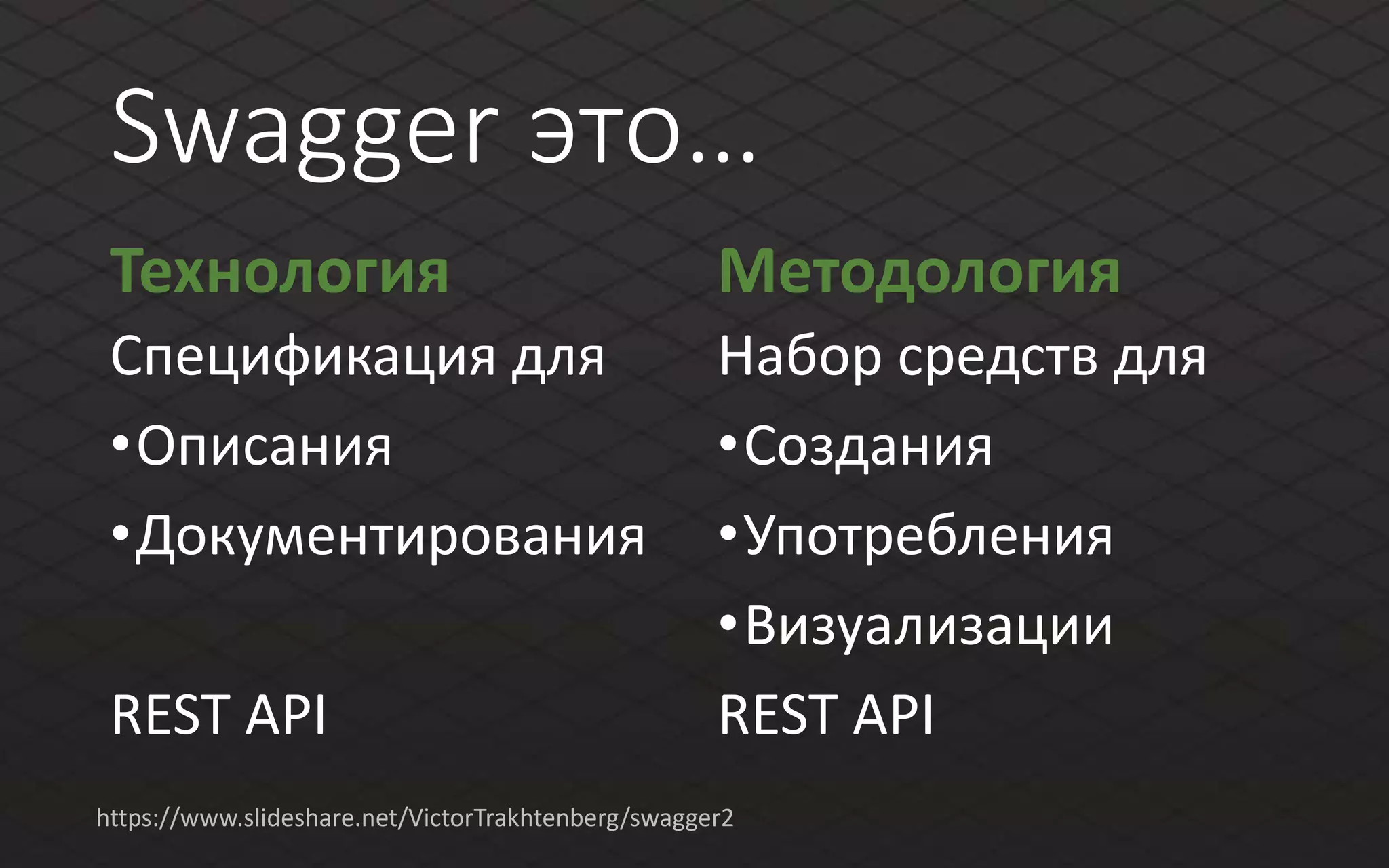 Swagger это…
Технология
Спецификация для
•Описания
•Документирования
REST API
Методология
Набор средств для
•Создания
•Употребления
•Визуализации
REST API
https://www.slideshare.net/VictorTrakhtenberg/swagger2
 