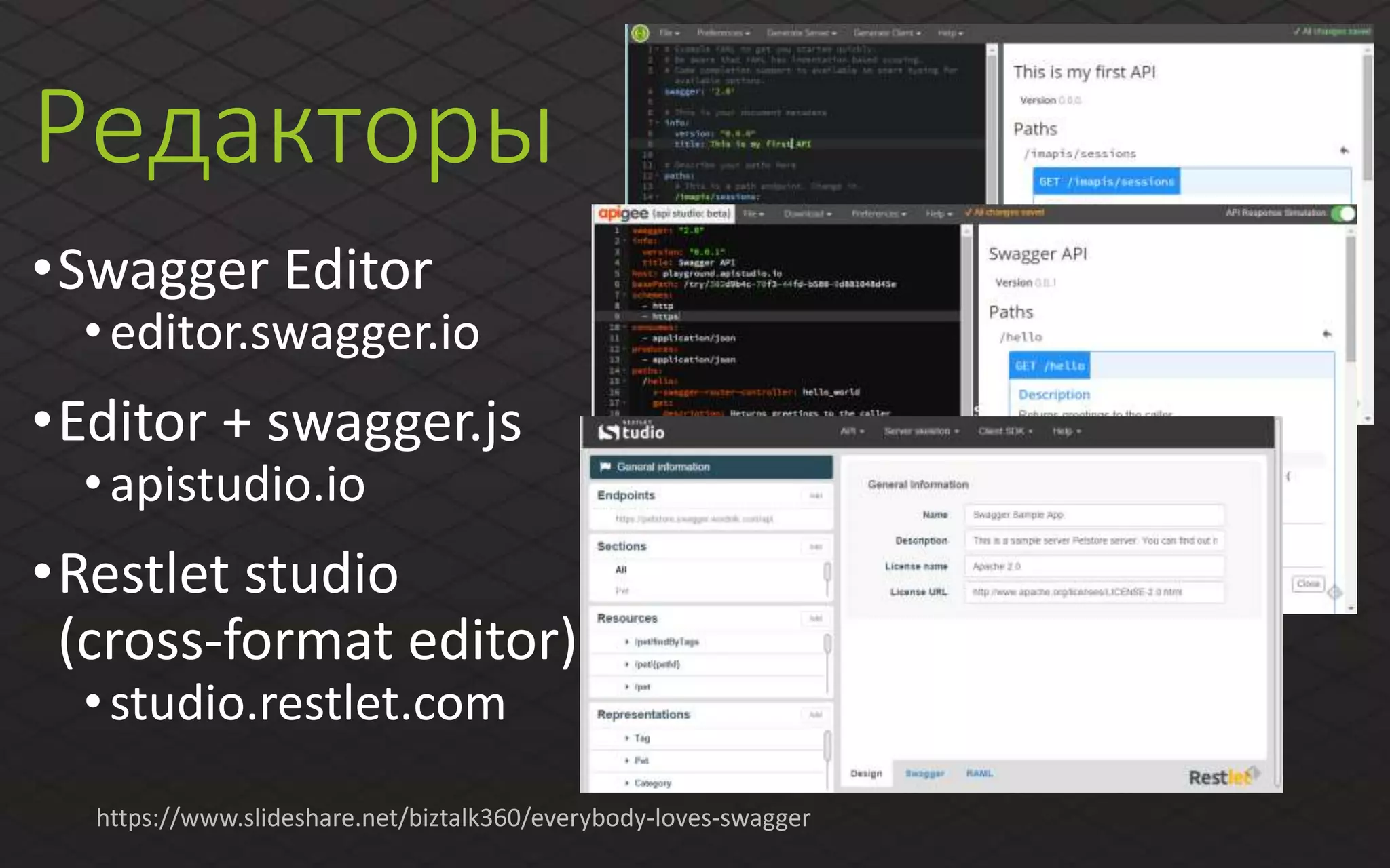 Редакторы
•Swagger Editor
•editor.swagger.io
•Editor + swagger.js
•apistudio.io
•Restlet studio
(cross-format editor)
•studio.restlet.com
https://www.slideshare.net/biztalk360/everybody-loves-swagger
 