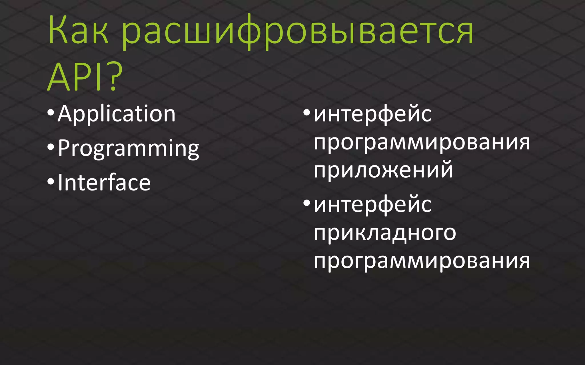 Как расшифровывается
API?
•Application
•Programming
•Interface
•интерфейс
программирования
приложений
•интерфейс
прикладного
программирования
 