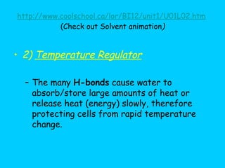 http://www.coolschool.ca/lor/BI12/unit1/U01L02.htm   (Check out Solvent animation ) 2)  Temperature Regulator The many  H-bonds  cause water to absorb/store large amounts of heat or release heat (energy) slowly, therefore protecting cells from rapid temperature change. 