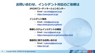 Copyright ©2020 JPCERT/CC All rights reserved.15
お問い合わせ、インシデント対応のご依頼は
JPCERTコーディネーションセンター
— Email：ew-info@jpcert.or.jp
— https://www.jpcert.or.jp/
インシデント報告
— Email：info@jpcert.or.jp
— https://www.jpcert.or.jp/form/
制御システムインシデントの報告
— Email：icsr-ir@jpcert.or.jp
— https://www.jpcert.or.jp/ics/ics-form.html
脆弱性に関するお問い合わせ
— Email：vultures@jpcert.or.jp
— https://jvn.jp/
 
